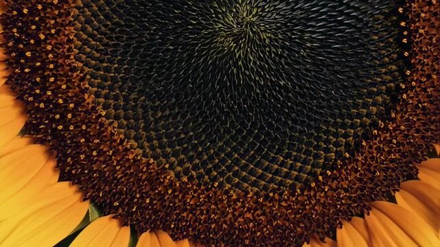 Macro shot of a vibrant sunflower head, showcasing its intricate patterns and textures in natural