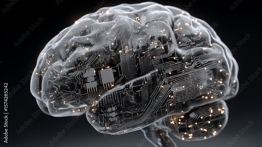 Poster artificial intelligence brain illustration with glowing circuits and microchips against a black back