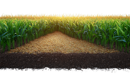 A fertile field with vibrant green crops neatly arranged in rows, leading towards the horizon, symbolizing growth png