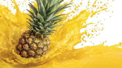 Pineapple surrounded by yellow splash liquid, tropical and vibrant, isolated on transparent 