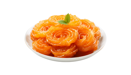 A single, glistening orange jalebi, a popular sweet spiral, perfectly centered on a white plate png
