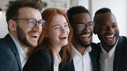 Obraz premium Laughing group of multicultural colleagues enjoying small office party, portrait angle with energetic mood.