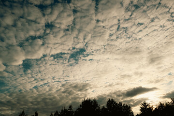 Nature background of sky with blue clouds on sunset. Beautiful cloud above dramatic blue sunset sky.