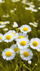 Chamomiles on sunny summer day. Wild flower. Collecting pharmacy chamomile for chamomile tea. Wild daisy flowers growing on meadow.