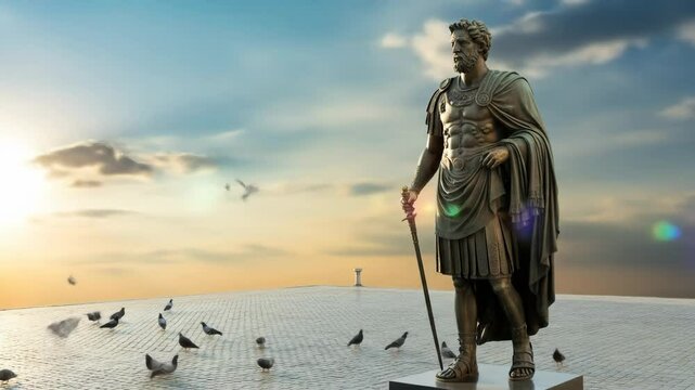 Majestic bronze statue of roman soldier birds in flight historical figure golden hour artistic design