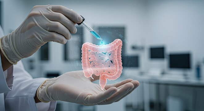 A doctor applies a targeted therapy using a dropper on a 3D holographic model of a colon. A futuristic concept for gastroenterology, digestive health, microbiome research