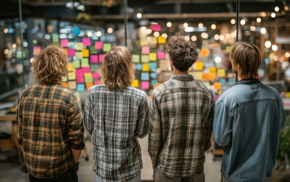 Four programmers examining ideas on sticky notes. A collaborative work environment, teamwork, and brainstorming session are highlighted.