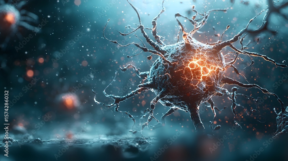 Poster an abstract futuristic image depicting the intricate interconnected network of glowing neurons and s