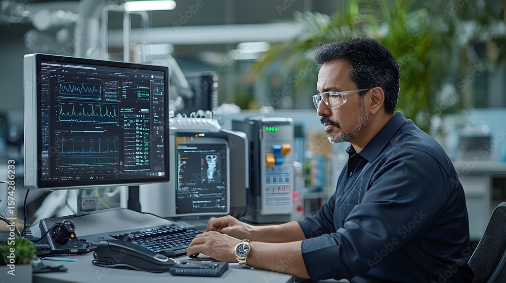 Poster a focused man in a business attire sitting at a desk intensely examining information and data displa
