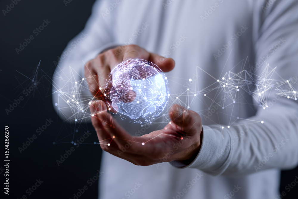 Poster future network concept hand touching the metaverse universe, a conceptual shift in digital transform