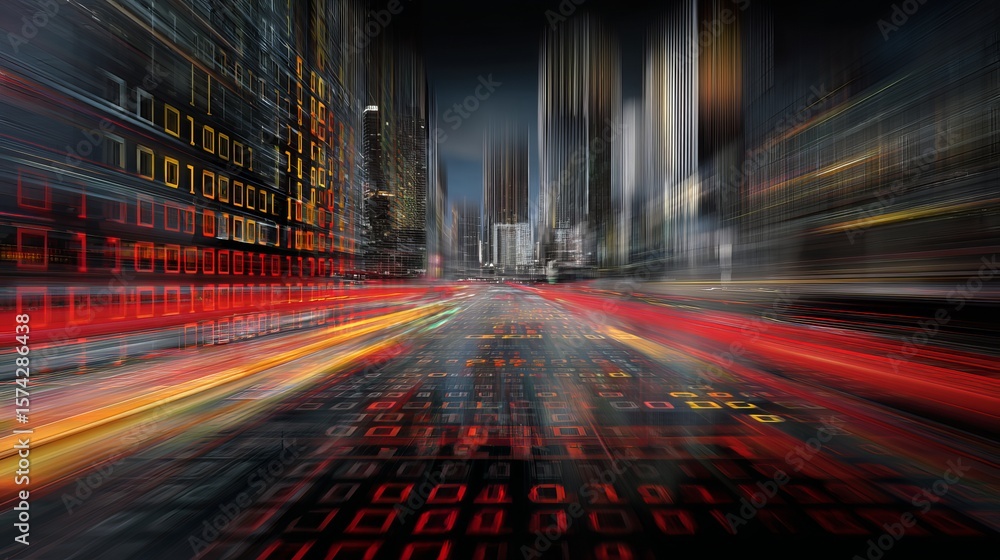 Poster digital city scape with blurred skyscrapers and binary code, creating a futuristic, techy atmosphere