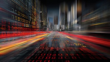 Digital city scape with blurred skyscrapers and binary code, creating a futuristic, techy atmosphere, modern technology.