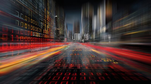 Digital city scape with blurred skyscrapers and binary code, creating a futuristic, techy atmosphere, modern technology. - Powered by Adobe