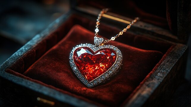 Heart-shaped ruby pendant in wooden box