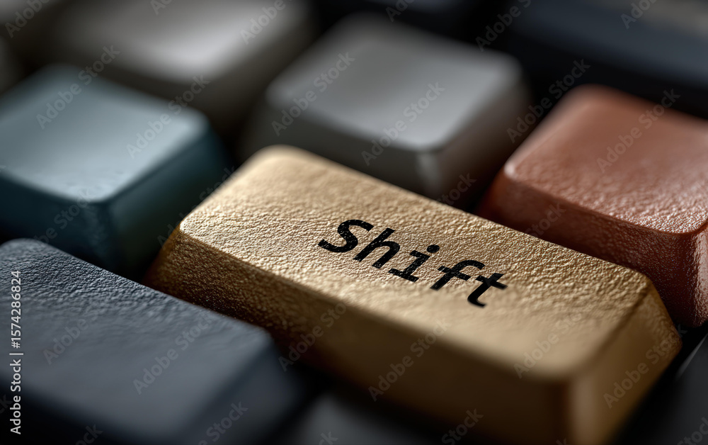 Fototapete Close-up of a keyboard with the Shift key in focus Gold Shift key button Computer keyboard detail Office work, computer components concept