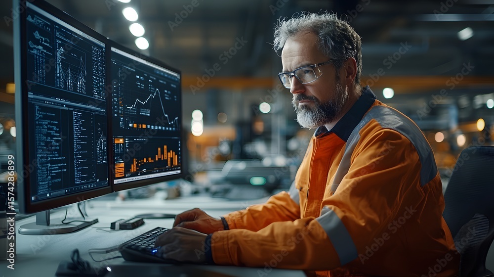 Poster engineer in an industrial workspace utilizing a virtual twin model to monitor and analyze the progre