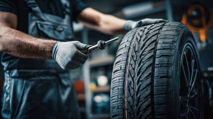 Mechanic checking car wheel for tread depth, holding tool confidently with clean gloves, background shows organized service station.