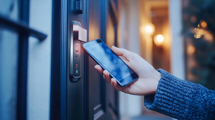 Hand using smartphone for close digital door lock at home or apartment. NFC Technology, Fingerprint scan, keycard, PIN number, smartphone, electrical and contactless lifestyle concepts
