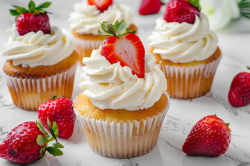 Vanilla Cupcakes with Strawberries on White Marble