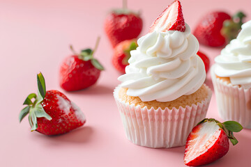 Pink Background Cupcake with Strawberries