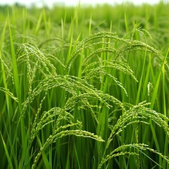 Blue Sky Over Green Paddy Field Close-Up