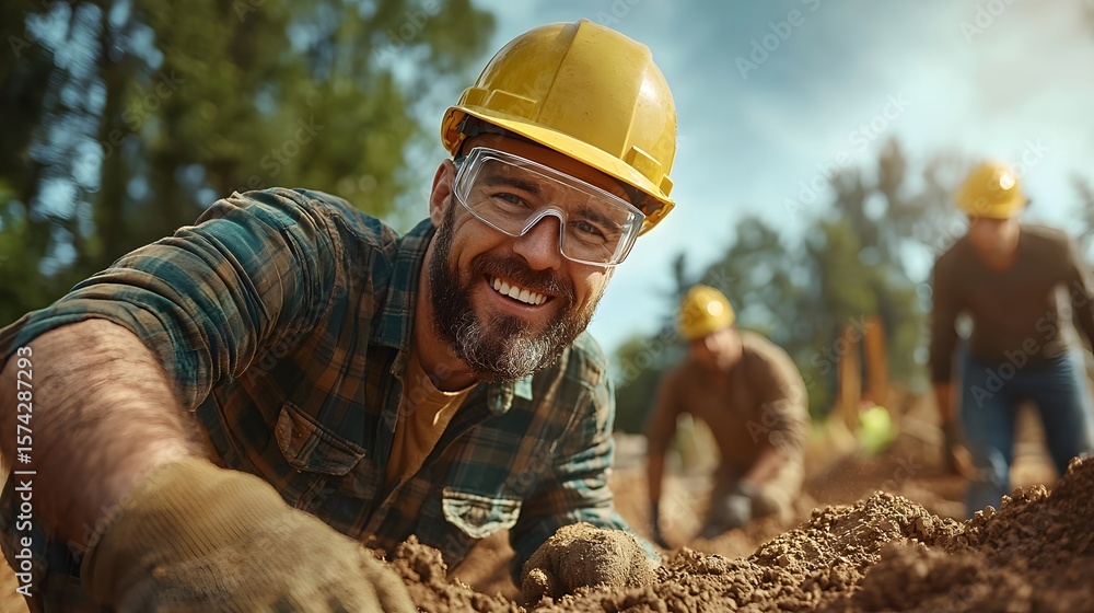 Poster a group of construction workers wearing hard hats and safety glasses are using advanced virtual tech