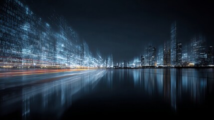 Futuristic cityscape blends digital data streams with luminous reflections on a still body of water at night.