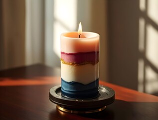 Layered Candle: Pink, Gold, and Blue Scented Pillar Candle on Dark Wood Surface, Ambient Lighting