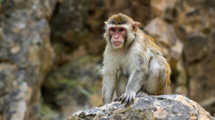 A rhesus macaque sits atop a rock.