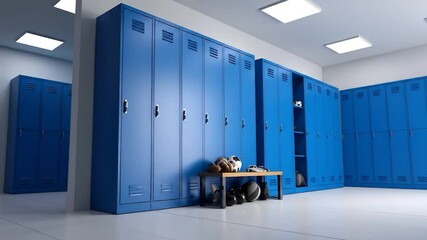 Blue lockers line a brightly lit room, bench laden with sports gear; minimalist design