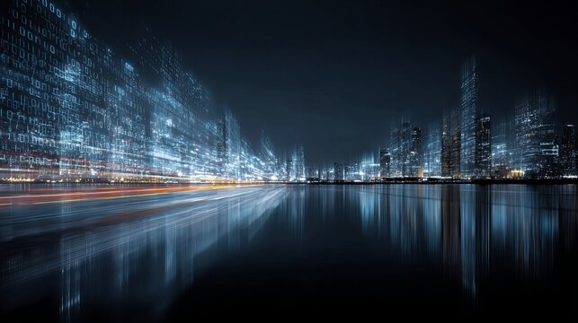 Futuristic cityscape blends digital data streams with luminous reflections on a still body of water at night.