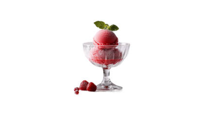 Scoops of rich red ice cream piled in a classic crystal dessert bowl, an enticing treat png