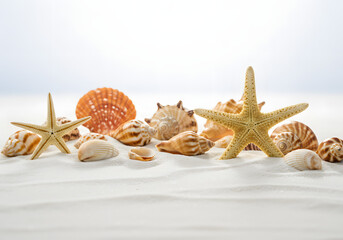 Seashells and Starfish on White Sand