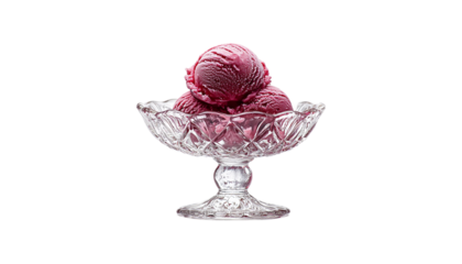 Scoops of rich red ice cream piled in a classic crystal dessert bowl, an enticing treat png