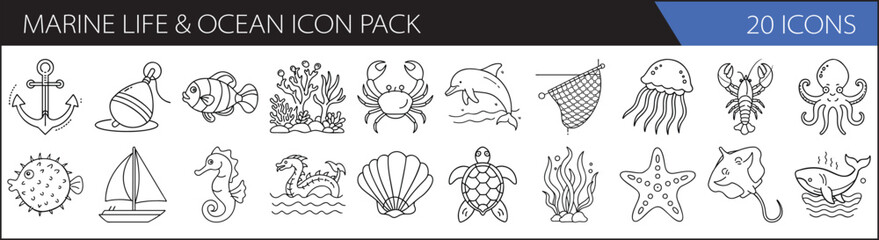Marine Life & Ocean Creatures Icon Set – 20 Detailed Sea & Underwater Outline Icons