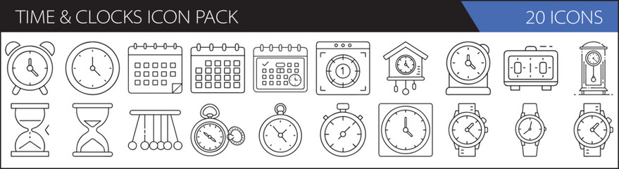 Modern Time & Clock Icon Set – 20 Minimal Line Icons for Scheduling & Time Management