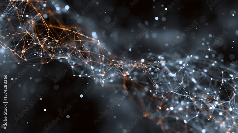 Poster a captivating abstract network of glowing lines and nodes against a blurred, ethereal, dark backdrop