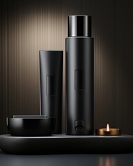 Minimalist Black Shampoo Conditioner Bottles, Candle, 3D Render