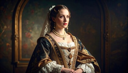 portrait of a person in historical costume with white bonnet, lace-trimmed collar, gold jewelry, and renaissance-style attire against a dark backdrop