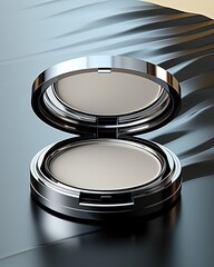 Silver Compact Powder Case Mockup, Minimalist Design, Gray Background