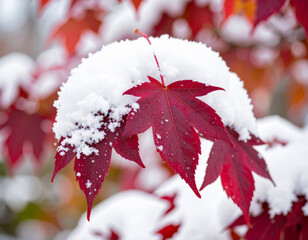 Burgundy Fallen Leaves on Snowy Ground in Winter Nature