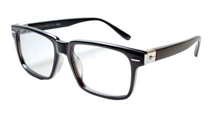 Black framed eyeglasses with clear lenses on transparent background