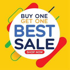 Buy one, get one free special offer label. Sale retail business promotion sticker. Marketing advertising label template vector illustration