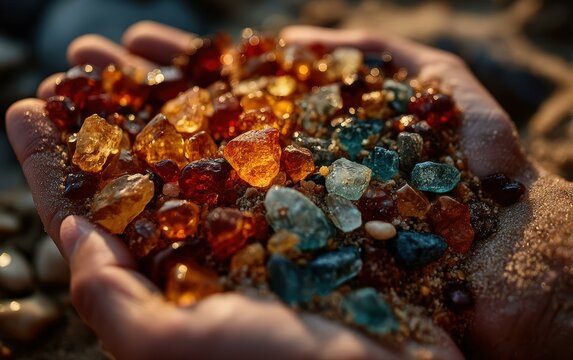 Close-up of a Hand Holding Colorful Gemstones and Sand, Stunning Texture and Light, Symbolism of Value and Treasure