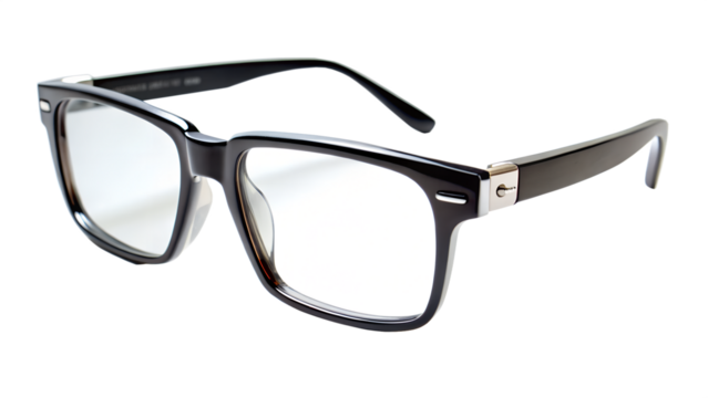 Black framed eyeglasses with clear lenses on transparent background