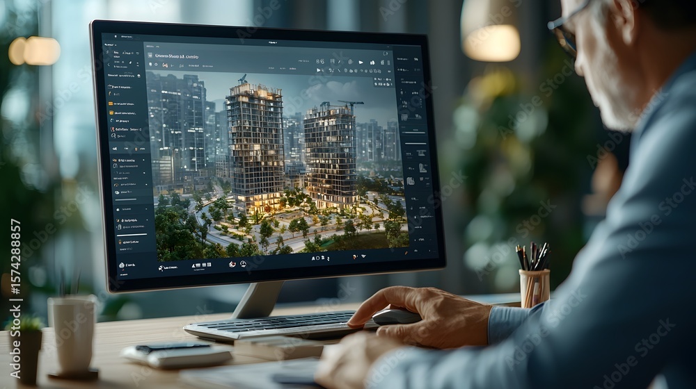 Poster a computer screen displaying a construction timeline projected onto a virtual model of a city skylin