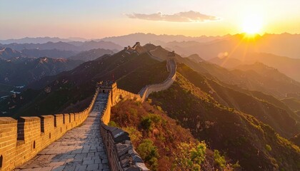 sunset view of the great wall of china winding across mountain peaks with golden light and dramatic sky tones