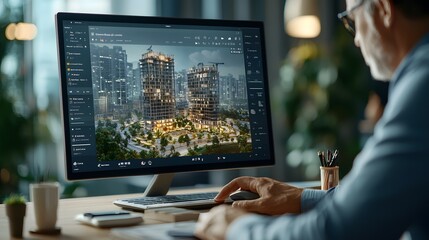 A computer screen displaying a construction timeline projected onto a virtual model of a city skyline used for collaborative project review and planning by engineers and architects