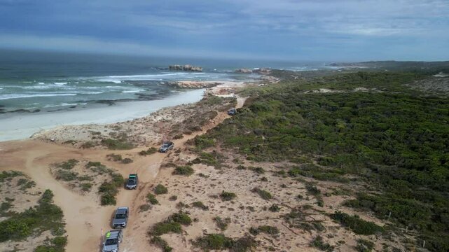 Beachport dunes in South Australia with scattered vegetation and 4WD tracks crossing the terrain