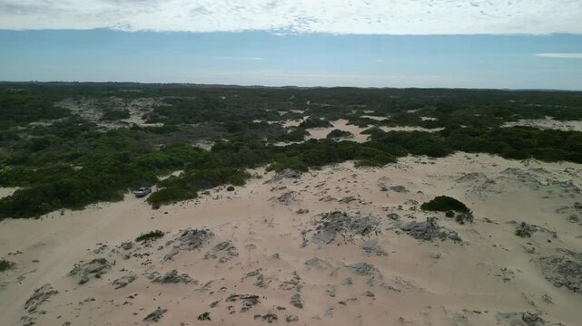 Beachport dunes in South Australia with scattered vegetation and 4WD tracks crossing the terrain